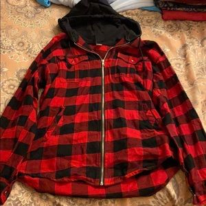 Red and black buffalo plaid hooded flannel